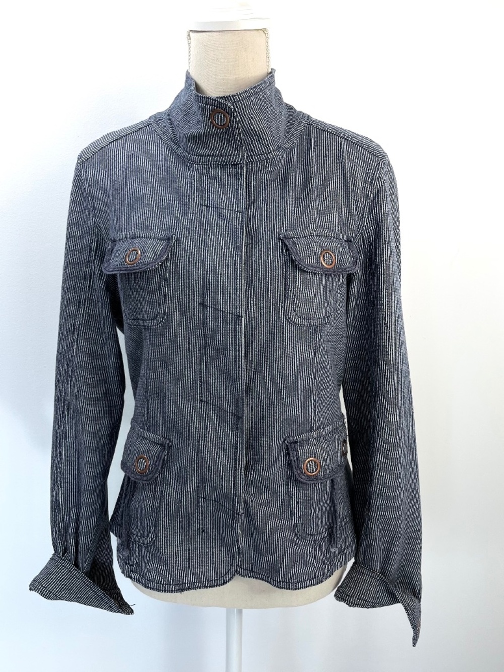 Live a Little LAL Blue Striped Jacket Funnel Neck Copper Snaps